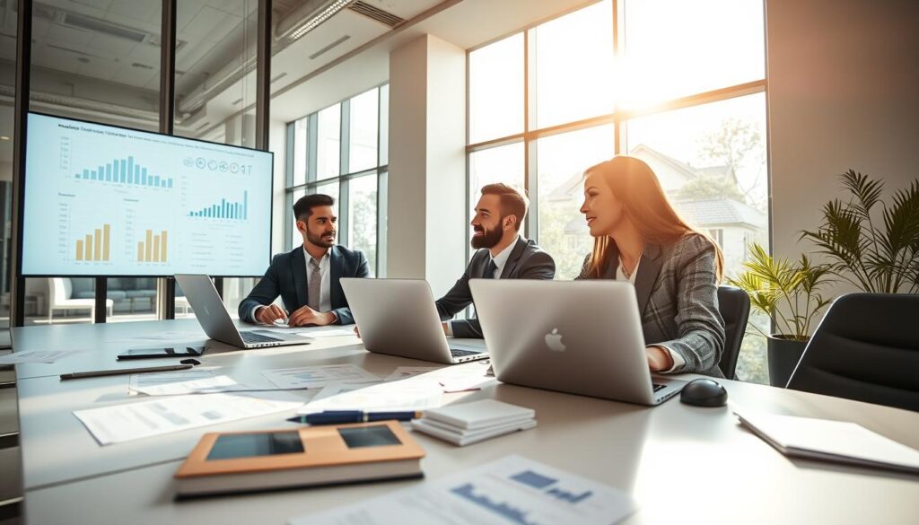 A business environment illustrating the process of insurance valuation, featuring a professional setting. In the foreground, a diverse group of three individuals in business attire—two seated at a sleek conference table with laptops and documents, and one presenting data on a large screen. The middle ground includes charts, graphs, and financial documents scattered across the table. The background displays a modern office with large windows, allowing natural light to illuminate the scene, creating a bright, focused atmosphere. The composition should suggest a collaborative and analytical mood, emphasizing professionalism and clarity in the insurance valuation process, captured from a slightly low angle to enhance engagement and perspective.