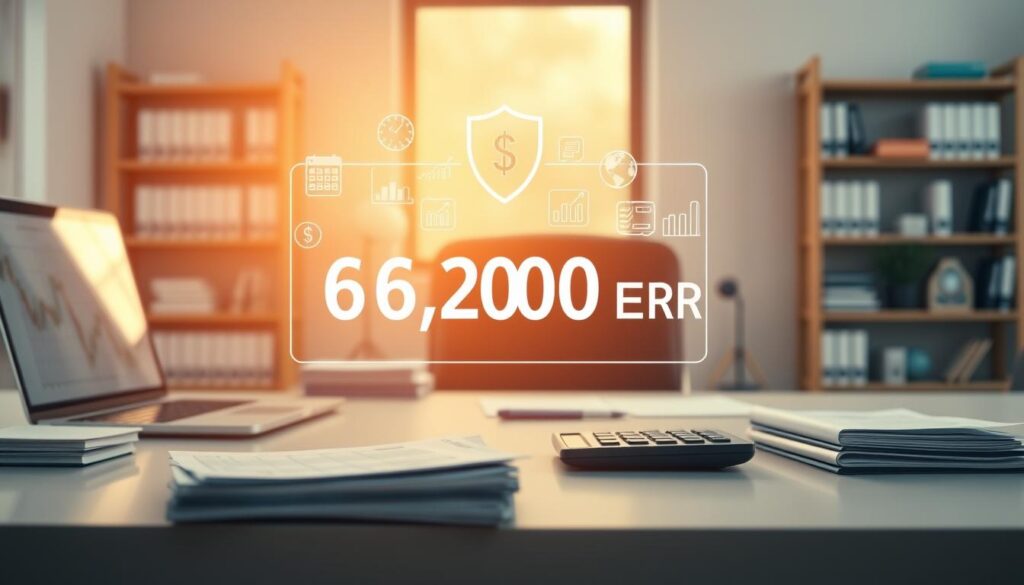 A detailed and professional office scene focusing on the concept of insurance valuation, featuring a virtual representation of the figure "6 200 EUR." In the foreground, a clean, modern desk with neatly stacked papers, a laptop displaying financial charts, and a calculator is visible. In the middle ground, an animated digital display shows the number "6 200 EUR" prominently, surrounded by insurance-related icons like a shield, calculator, and graphs. The background features soft-focus shelves filled with books and documents about finance and insurance, illuminated with warm, natural lighting from a window to create a welcoming atmosphere. The overall mood is analytical and professional, conveying a sense of trust and reliability in financial decisions.
