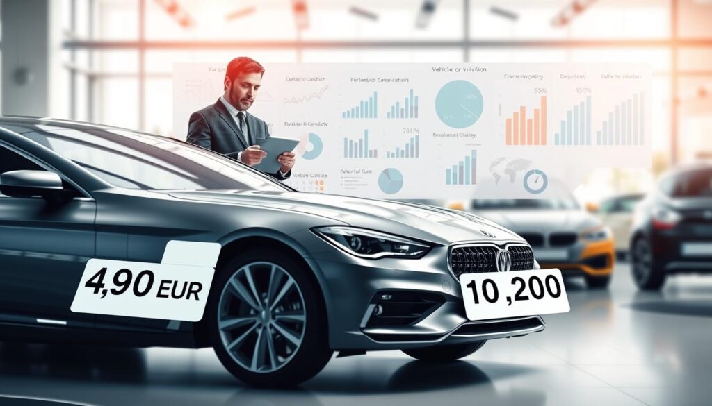 A detailed illustration representing vehicle valuation, emphasizing two distinct values: 4,900 EUR and 10,200 EUR. In the foreground, a sleek, modern automobile showcasing both a price tag reading “4,900 EUR” and another tag for “10,200 EUR,” prominently displayed on either side. In the middle ground, a professional in business attire analyzes vehicle data on a digital tablet, surrounded by charts and graphs illustrating factors impacting valuation, such as condition, mileage, and market trends. The background features a soft-focus car dealership interior with bright, natural lighting creating an optimistic atmosphere. Use a wide-angle perspective to enhance depth, ensuring all elements are clearly visible and the overall mood conveys a serious yet hopeful tone about vehicle valuation.