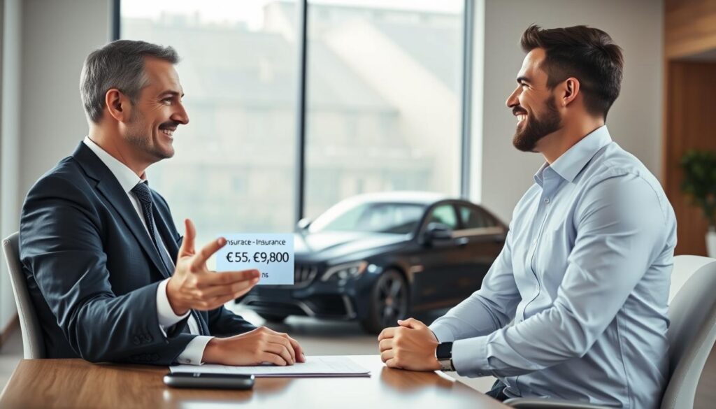 A professional scene depicting an insurance agent sitting at a desk in a modern office, discussing car insurance options with a satisfied client. The agent, a middle-aged person in a business suit, is gesturing towards a digital display showing contrasting insurance quotes: €5,555 and €9,800. In the background, a sleek car model is visible, symbolizing automotive coverage. Soft, natural lighting streams through a large window, creating a welcoming atmosphere. The camera angle is slightly elevated, focusing on the interaction between the agent and the client, who is nodding in agreement. The overall mood is optimistic and collaborative, emphasizing trust and professionalism in automotive insurance discussions. No text overlays or logos are present.