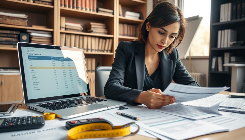 A professional workspace with a focus on a desktop covered with financial documents and a laptop displaying a detailed pricing analysis. In the foreground, a confident businesswoman in smart business attire examines a valuation report, her expression focused and analytical. The middle layer features a calculator, measuring tape, and various insurance paperwork, emphasizing preparation for a valuation process. The background includes a bookshelf filled with reference guides on insurance and valuation practices, softly lit by natural sunlight streaming through a nearby window, creating a warm and inviting atmosphere. The overall mood is one of diligence and professionalism, highlighting the importance of being well-prepared for a valuation meeting.