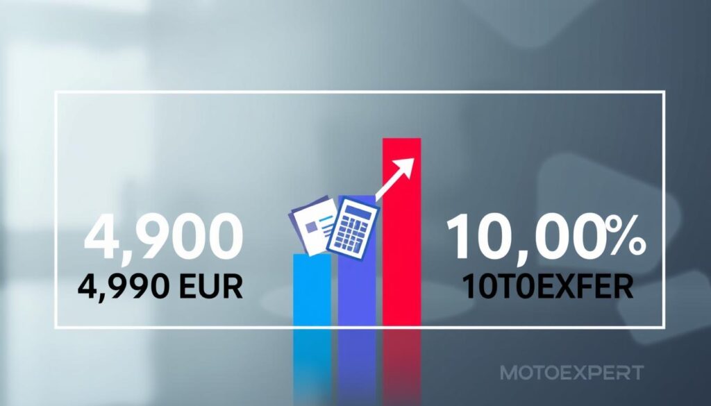 A sleek and modern infographic illustrating the percentage difference between two valuations, one for an insurer at 4,900 EUR and another for MOTOEXPERT at 10,200 EUR. The foreground features a clear bar graph with contrasting colors showing the two amounts, highlighted percentages, and a dynamic arrow signifying the difference. In the middle layer, a stylized calculator and financial documents are depicted, symbolizing analysis and decision-making. The background consists of a subtle gradient with abstract shapes, evoking a professional atmosphere. Soft, even lighting enhances the colors without harsh shadows, while a slight depth of field blurs the background to maintain focus on the data presentation, creating a clean and informative visualization.