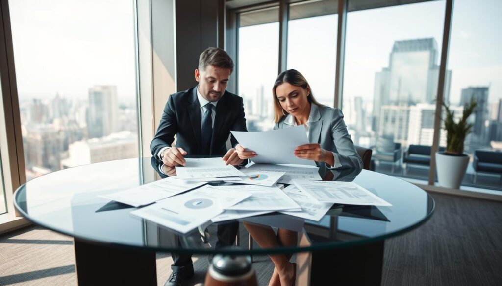A business meeting scene in a modern, well-lit office, showing two professional individuals discussing insurance valuations. In the foreground, a male and female professional, both in business attire, are examining documents on a stylish glass table. The middle layer features scattered papers with numbers and charts, representing different valuations. In the background, a large window reveals a cityscape, emphasizing a bustling business environment. Soft natural light filters in, casting gentle shadows, creating a focused yet collaborative atmosphere. The overall mood is serious yet dynamic, reflecting the complexity and uniqueness of valuation situations, particularly contrasting insurance figures. The camera angle is slightly above eye level, capturing both the subjects and the documents they are analyzing.
