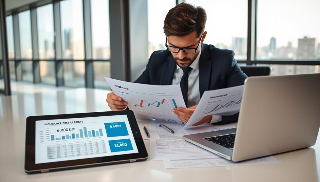 A business professional in formal attire reviews insurance valuation documents at a sleek, modern office desk. The foreground features the professional intently studying charts and graphs that represent insurance evaluations, highlighting contrasting figures of 6,800 EUR and 14,200 EUR. In the middle ground, a digital tablet displays a detailed presentation on insurance preparation, while a laptop on the desk shows a spreadsheet filled with data. The background features large windows with a city skyline, allowing natural light to flood the room, creating a bright and focused atmosphere. The scene captures a sense of urgency and professionalism, emphasizing the importance of thorough preparation for insurance valuation in a competitive environment.