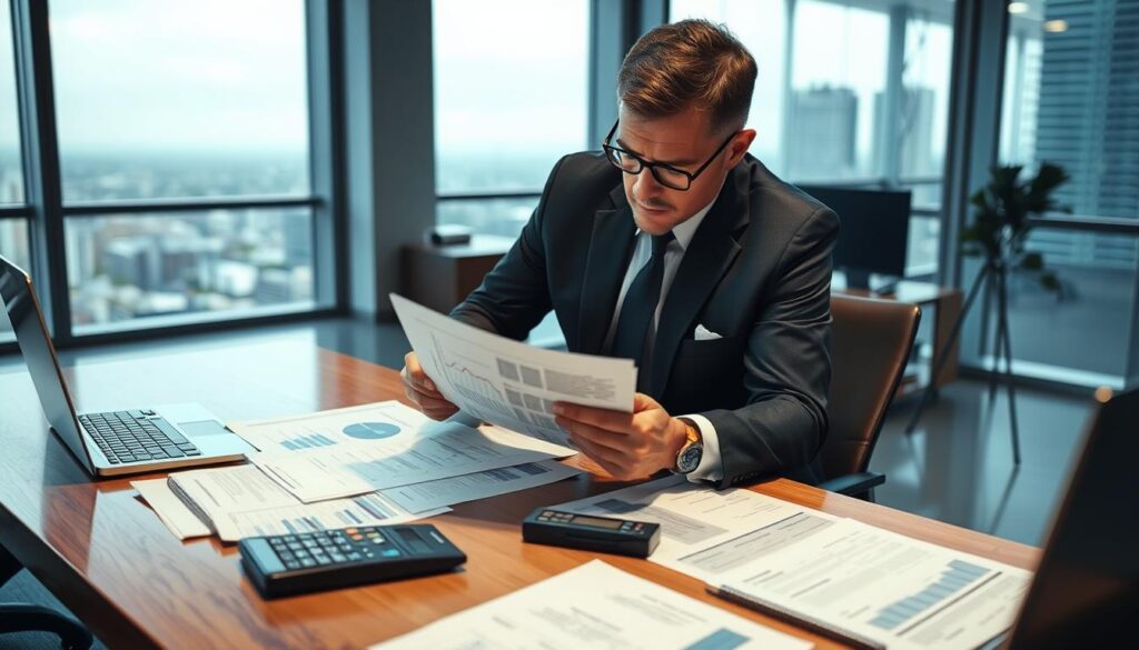 A business professional scrutinizing insurance documents in a modern office setting. Foreground: a man in a tailored suit, intently analyzing a stack of papers with charts and graphs, expressing a thoughtful and serious demeanor. Middle ground: a polished wooden desk filled with financial reports, a calculator, and a laptop displaying a financial analysis. Background: large windows with natural light flooding in, revealing a cityscape outside, creating a bright and professional atmosphere. The room should have a sleek, modern design, with subtle hints of blue and grey to convey a sense of professionalism. Focus on clarity and detail to illustrate the concept of hidden costs in insurance agreements. Use soft, diffused lighting to enhance the mood of contemplation and analysis.