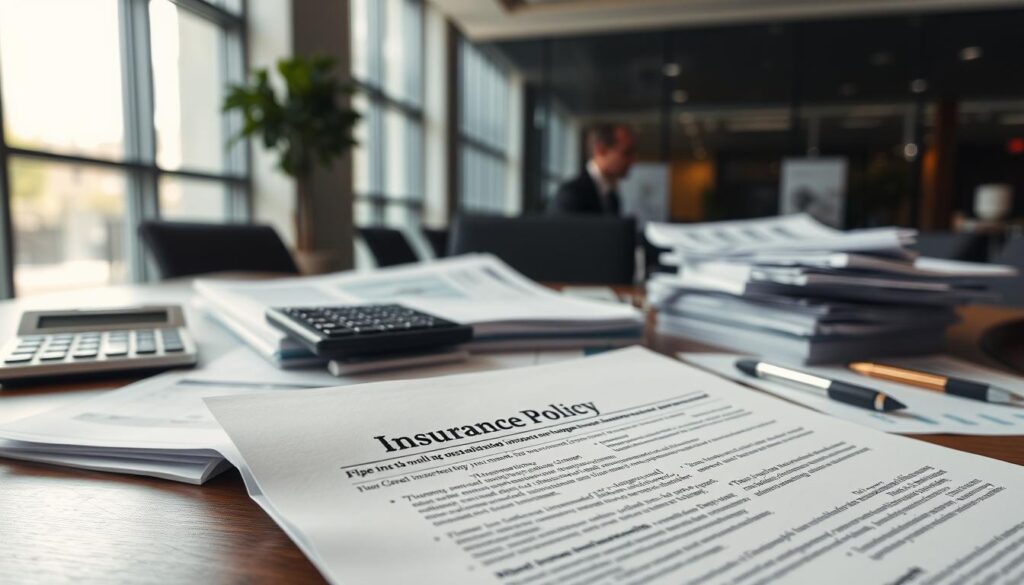 A cluttered office desk in the foreground, showcasing an open insurance policy document with fine print highlighting hidden costs. In the middle ground, a calculator and a stack of financial reports with spreadsheets displayed, emphasizing financial analysis. The background features a corporate office environment with large windows letting in soft, natural light, creating a calm yet focused atmosphere. The mood is serious and contemplative, reflecting the complexities of insurance costs. The scene is shot at eye level with a shallow depth of field, gently blurring the background to keep the focus on the desk and documents. Everything is in a professional setting, ensuring a business-like vibe.