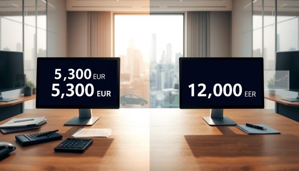 A comparative visual representation illustrating differences in insurance damage valuations, focusing on two numerical figures: 5,300 EUR and 12,000 EUR. In the foreground, create a split screen with two contrasting elements: on the left, a neat, professional office setting with a sleek desktop displaying the lower valuation amount, surrounded by papers and a calculator; on the right, a similarly styled office setup showcasing the higher valuation, adorned with charts and graphs emphasizing the disparity. The middle ground should include outlines or silhouettes of vehicles to symbolize automotive damage. In the background, a softly focused cityscape through a window, with natural lighting streaming in, creating a serious yet engaging atmosphere. The overall mood should reflect a sense of professionalism and analytical insight.