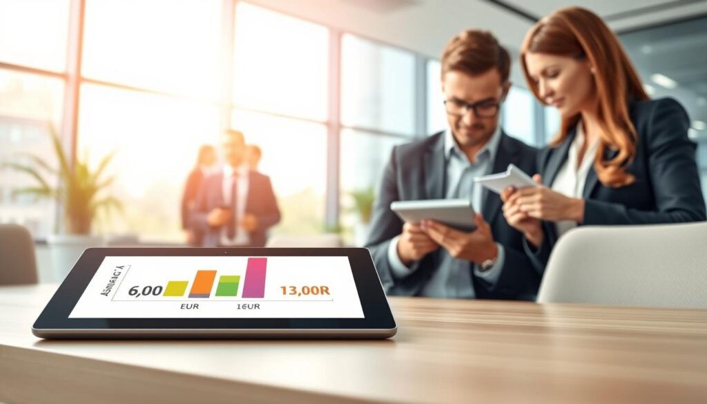 A detailed and visually engaging illustration of a comparison between two insurance valuations. In the foreground, a sleek digital tablet displays a clear chart contrasting the valuations of 6,100 EUR and 13,200 EUR, with colorful bars indicating accuracy levels. In the middle ground, a group of two professional individuals, a man and a woman, both dressed in smart business attire, analyze the data with thoughtful expressions, taking notes. The background features a modern office environment with large windows showcasing a bright, sunny day outside. Soft, diffused lighting enhances the atmosphere, creating a sense of focus and professionalism. The scene conveys a mood of analytical rigor and precision, perfect for demonstrating valuation accuracy in insurance comparisons.