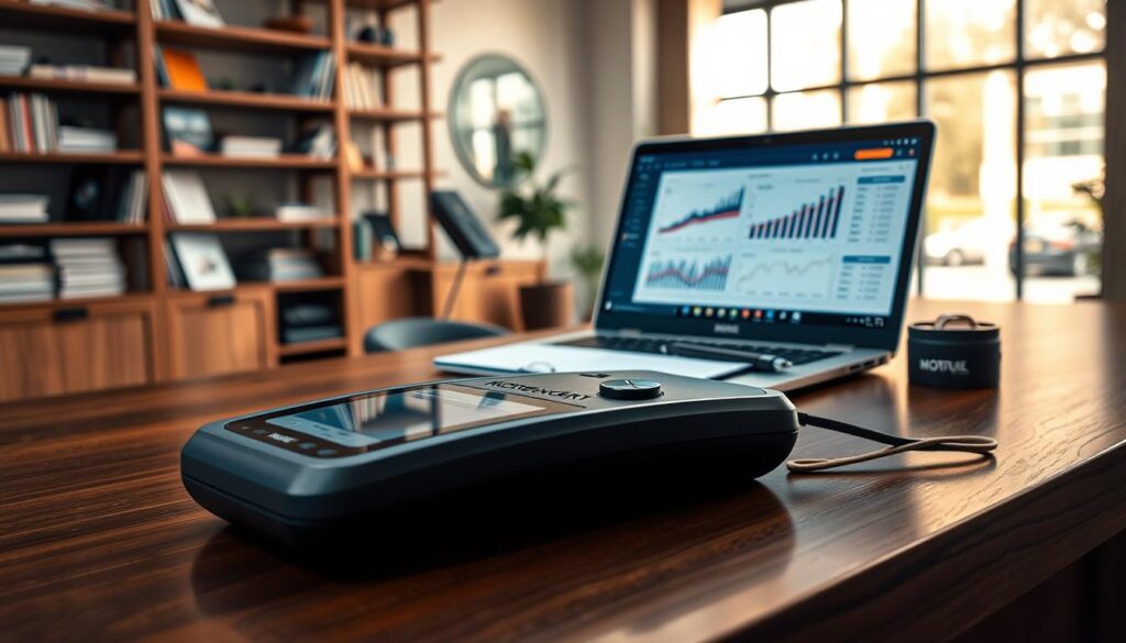 A high-quality automotive appraisal scene featuring the MOTOEXPERT 9 tool prominently displayed on a sleek, modern wooden desk. In the foreground, the MOTOEXPERT 9 is meticulously represented with its sleek design and high-tech features, lit under soft, warm lighting to highlight its polished surface. In the middle background, an open laptop shows graphs and numbers implying the evaluation process, with a notepad and pen placed neatly beside it. The background reveals an elegantly decorated office space with a blend of professional and contemporary elements like a bookshelf filled with automotive manuals and a large window letting in natural light, creating an inviting atmosphere. The overall mood should convey professionalism and clarity, emphasizing the value of the MOTOEXPERT 9 tool in automotive assessments.