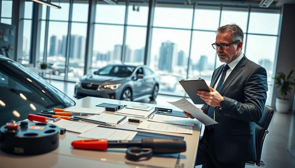A highly detailed and professional office environment featuring a confident insurance appraiser, depicted as a middle-aged man in formal business attire, analyzing a vehicle's value. In the foreground, a close-up of the appraiser examining a sleek car with a clipboard in hand, showcasing his focused expression and expertise. The middle ground includes various automotive tools and paperwork spread across a modern desk, emphasizing thoroughness in the appraisal process. The background is a well-lit office with large windows letting in natural light, and a cityscape visible outside, suggesting a thriving business atmosphere. The mood is analytical and professional, conveying trust and authority in the valuation process.