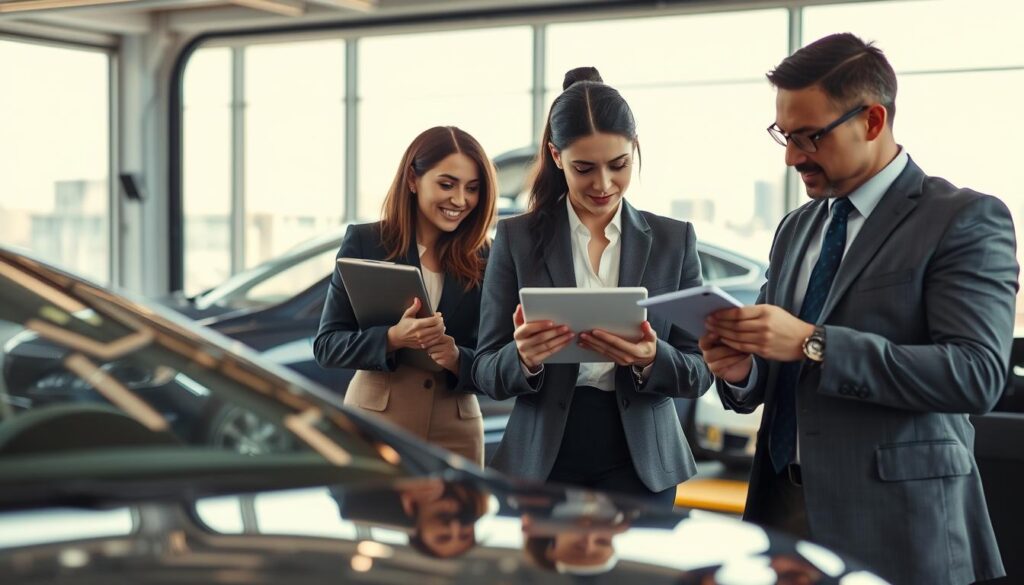 A modern automotive expert office scene featuring a diverse team of professional analysts in smart business attire, collaborating over a detailed car damage assessment report. In the foreground, a well-dressed woman examining a vehicle with a high-tech tablet, while a man in formal attire sketches notes on the vehicle's condition. The middle ground shows a sleek car on a lift, partially disassembled, highlighting the meticulous inspection process. Behind them, a vast window lets in natural light, revealing a cityscape outside, enhancing the professional atmosphere. The overall mood is one of expertise, diligence, and trust, with a focus on automotive assessment and valuation. The image is brightly lit, suggesting a conducive workspace, captured with a close-up shot to emphasize human interaction and technology.