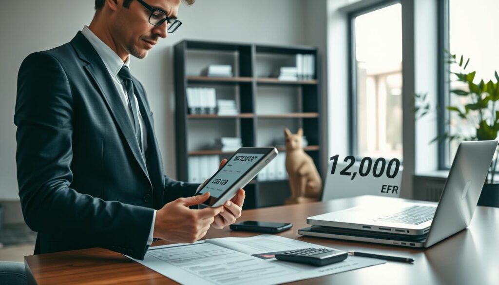 A modern office environment featuring a professional appraisal scene for car insurance. In the foreground, a businessperson in a sleek suit is focused on evaluating a digital tablet displaying detailed vehicle valuation information labeled "MOTOEXPERT 13,200 EUR." The middle layer shows an elegant desk cluttered with car documents, a calculator, and a laptop, illuminated by soft natural light coming through a large window. The background presents sleek shelving with books on insurance and valuation, along with a tasteful plant adding a touch of greenery. The atmosphere is serious yet professional, emphasizing expertise and clarity in the appraisal process while showcasing the contrast between different valuation figures. Use a balanced composition with a warm color palette.