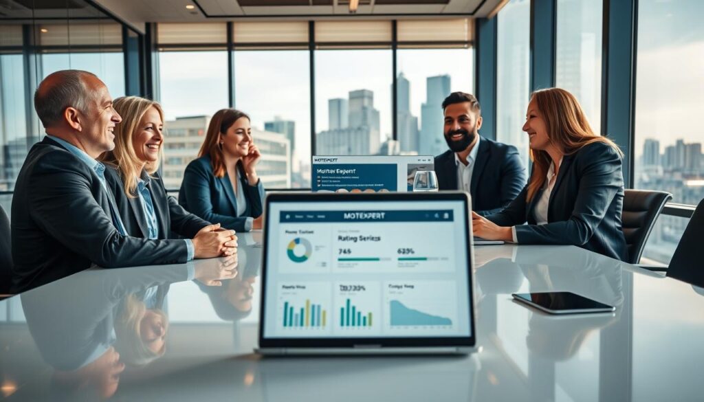 A professional and modern office setting where a diverse group of clients, dressed in business attire, are seated around a sleek conference table, discussing their experiences with MOTOEXPERT. The foreground features a close-up of two satisfied clients sharing positive feedback, with expressive gestures. In the middle, a laptop displays the MOTOEXPERT website, with graphs and charts representing customer satisfaction and rating metrics. In the background, large windows overlook a city skyline, bathed in warm, natural light that enhances the atmosphere of professionalism and trust. The image should evoke a sense of reliability and community among the clients. Use a wide-angle lens perspective to capture the entire scene, emphasizing an engaged and collaborative environment.