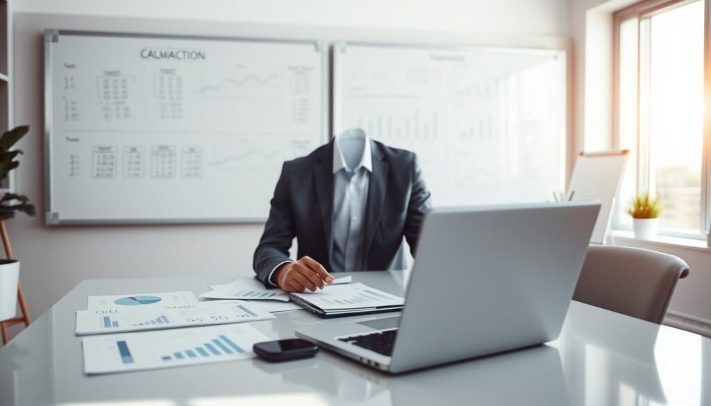 A professional and organized workspace depicting preparation for a financial valuation. In the foreground, a person in business attire reviews documents on a contemporary desk, surrounded by financial charts and a laptop displaying graphs. The middle ground features a wall with a large whiteboard filled with notes and calculations. In the background, a window allows soft natural light to illuminate the scene, creating a bright and focused atmosphere. The angle is slightly elevated, providing a comprehensive view of the workspace, emphasizing a sense of diligence and professionalism. The mood is analytical and determined, capturing the essence of careful preparation for an important valuation process.