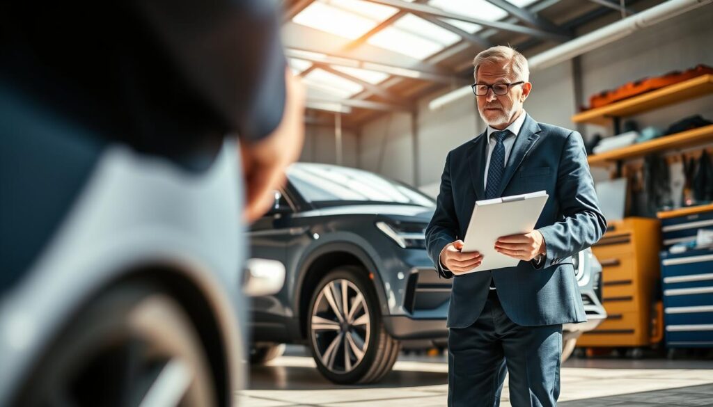 A professional and polished scene depicting a "Rzeczoznawca MOTOEXPERT," an expert in vehicle valuation. In the foreground, a middle-aged man in a navy blue suit carefully examines a car, clipboard in hand, with a focused and analytical expression. In the middle, a sleek modern vehicle stands prominently, showcasing its features under natural sunlight. The background features a workshop setting with tools and equipment neatly organized, emphasizing a sense of professionalism and expertise. The lighting is bright and natural, enhancing the details of the car and the expert's attire, creating a trustworthy and insightful atmosphere. The angle should be slightly low, giving an authoritative perspective, capturing the essence of reliability in vehicle appraisal.
