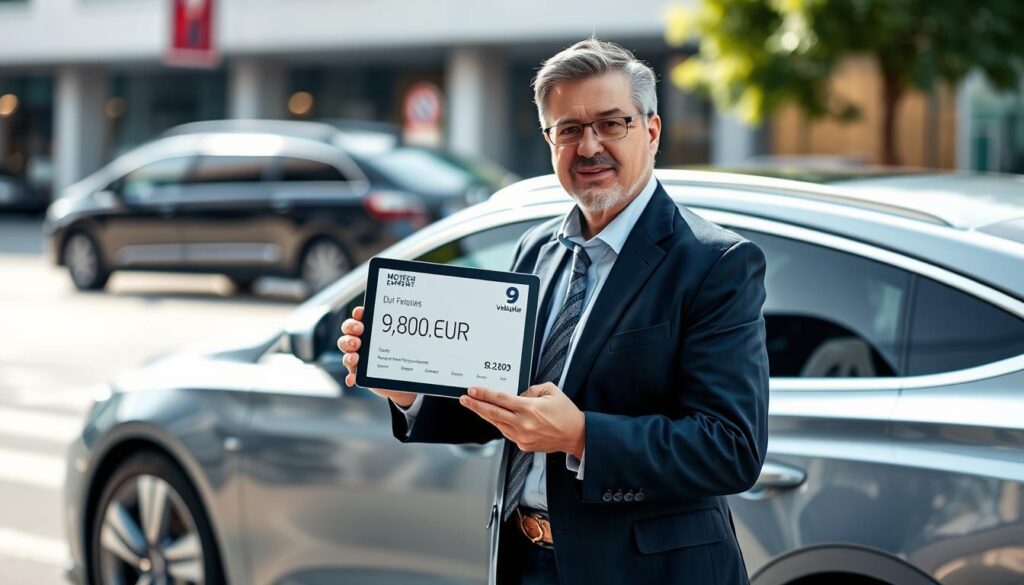 A professional auto appraiser, portrayed as a middle-aged individual in smart business attire, stands confidently beside a sleek, modern car with the label "MOTOEXPERT 9" visible on its side. The foreground features the appraiser holding a high-tech tablet displaying data related to the vehicle's valuation of 9,800 EUR. In the middle, the car is expertly showcased, gleaming under dynamic natural lighting, emphasizing its features and elegance. The background includes a blurred urban environment, suggesting a busy setting that contrasts with the clarity of the appraiser's focused expression. The mood is analytical and professional, capturing a moment of valuation assessment in the automotive context, without any text, logos, or distracting elements.