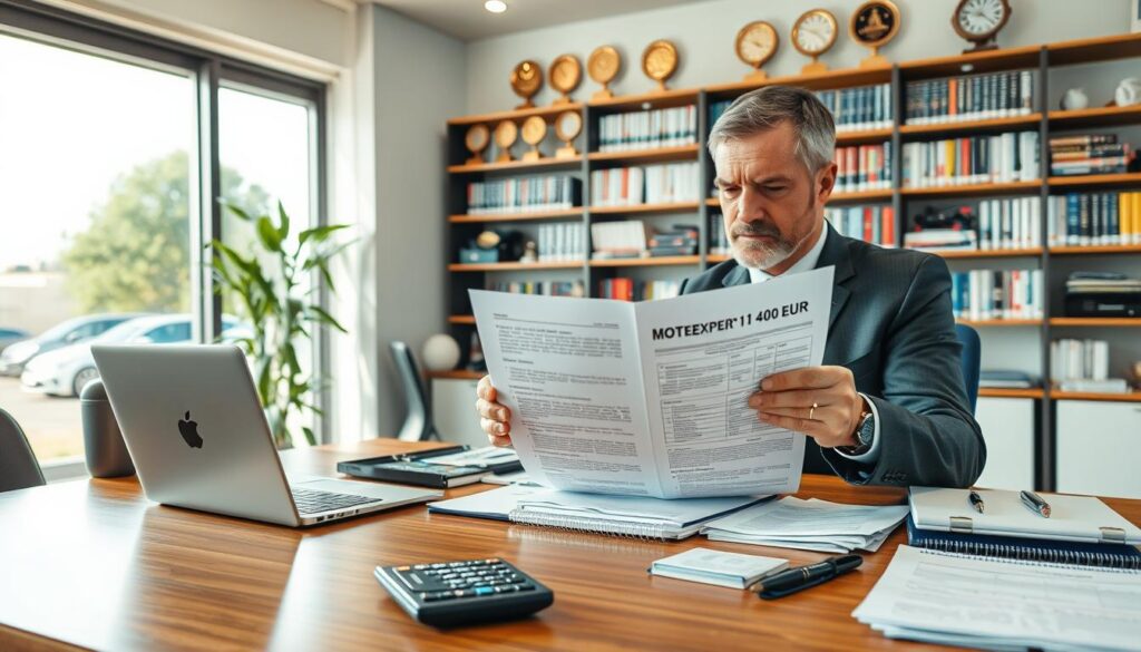 A professional automotive appraiser in a modern office setting, analyzing a detailed report with the title "MOTOEXPERT 11 400 EUR" prominently displayed on the desk. In the foreground, a polished wooden desk laden with various automotive evaluation tools, including a laptop, a calculator, and technical manuals. The appraiser, a middle-aged man dressed in a tailored suit, thoughtfully reviewing documents while contemplating the analysis. In the middle ground, a large window reveals a sunny day outside, casting soft natural light into the room, enhancing the professionalism of the environment. In the background, shelves filled with automotive-related books and awards, suggesting expertise and authority in the field, creating an atmosphere of trust and knowledge.
