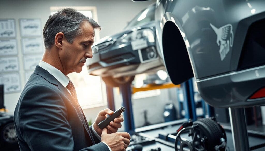 A professional automotive expert analyzing a car's condition in a well-lit office environment. The foreground showcases a focused, middle-aged male expert in a tailored suit, examining a car's parts with specialized tools, conveying deep concentration. In the middle, a detailed view of a car on a lift, with parts laid out nearby for inspection, emphasizing the meticulous nature of his work. The background features a window allowing natural light to stream in, illuminating the room filled with automotive diagrams and certifications on the walls. The atmosphere is serious yet confident, reflecting the importance of expert assessments in obtaining accurate vehicle valuations. The composition uses a slightly angled perspective to create depth, enhancing the professional setting.