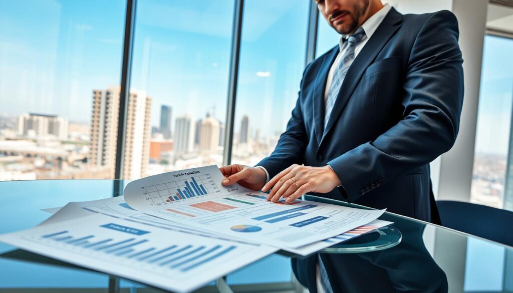 A professional automotive expert, dressed in a smart business suit, stands confidently in a well-lit modern office environment, analyzing car valuation documents on a sleek glass desk. The foreground features detailed paperwork with graphs and figures highlighting vehicle valuations, emphasizing the contrast between the lower figure and the MOTOEXPERT figure. In the middle ground, a large window reveals a clear blue sky and a cityscape, symbolizing transparency and professionalism. The lighting is bright and inviting, creating an atmosphere of trust and competence. The camera angle is slightly elevated, giving a dynamic view of the expert deeply engaged in their work. The overall mood is serious yet optimistic, encouraging the viewer to consider the benefits of choosing MOTOEXPERT for vehicle assessment.