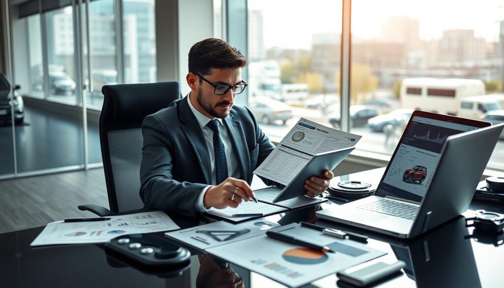 A professional automotive expert, identified as "rzeczoznawca MOTOEXPERT," is seated at a sleek desk filled with detailed car evaluation charts and inspection tools. In the foreground, the expert, wearing smart business attire, examines a high-resolution vehicle report on a modern tablet. The middle ground showcases a sophisticated office environment with high-tech equipment, such as a laptop displaying graphs and automotive software. The background features an expansive window revealing a busy cityscape, with soft natural light streaming in, creating a bright and focused atmosphere. The overall mood conveys professionalism and expertise, emphasizing the specialized nature of vehicle evaluation in the context of insurance assessments. The composition is captured from a slightly angled view to highlight both the expert and the technology in use.
