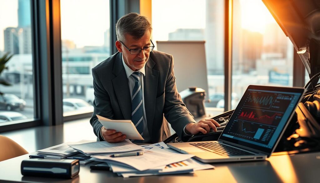 A professional automotive expert inspecting a vehicle in a bright, well-lit office environment. In the foreground, the expert, a middle-aged man in a neatly tailored suit, focuses intently on a car’s engine, using a diagnostic tool. His expression conveys confidence and expertise. In the middle, a modern desk is cluttered with technical documents, charts, and a laptop with automotive data displayed. In the background, large windows let in natural light, showcasing a view of a busy cityscape outside. The atmosphere is one of professionalism and diligence, emphasizing the role of an automotive expert in vehicle assessment. The image captures a moment of critical analysis, with warm lighting to create an inviting yet serious mood.