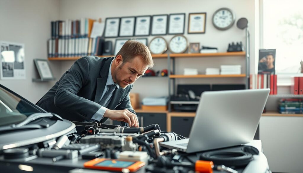 A professional automotive expert, known as "rzeczoznawca MOTOEXPERT," is examining a car in a well-lit office. In the foreground, the expert, a middle-aged Caucasian male in a tailored suit, is leaning over a car engine on a workbench, intently focused on a complex mechanical component. In the middle ground, various automotive tools and a laptop displaying data analysis are neatly organized, emphasizing the expert’s meticulous approach. The background features shelves lined with automotive books and certification awards, underscoring professionalism and expertise. Soft, natural lighting streams through a window, creating a bright and welcoming atmosphere. The image conveys a sense of trust and reliability, inviting viewer confidence in MOTOEXPERT's services.