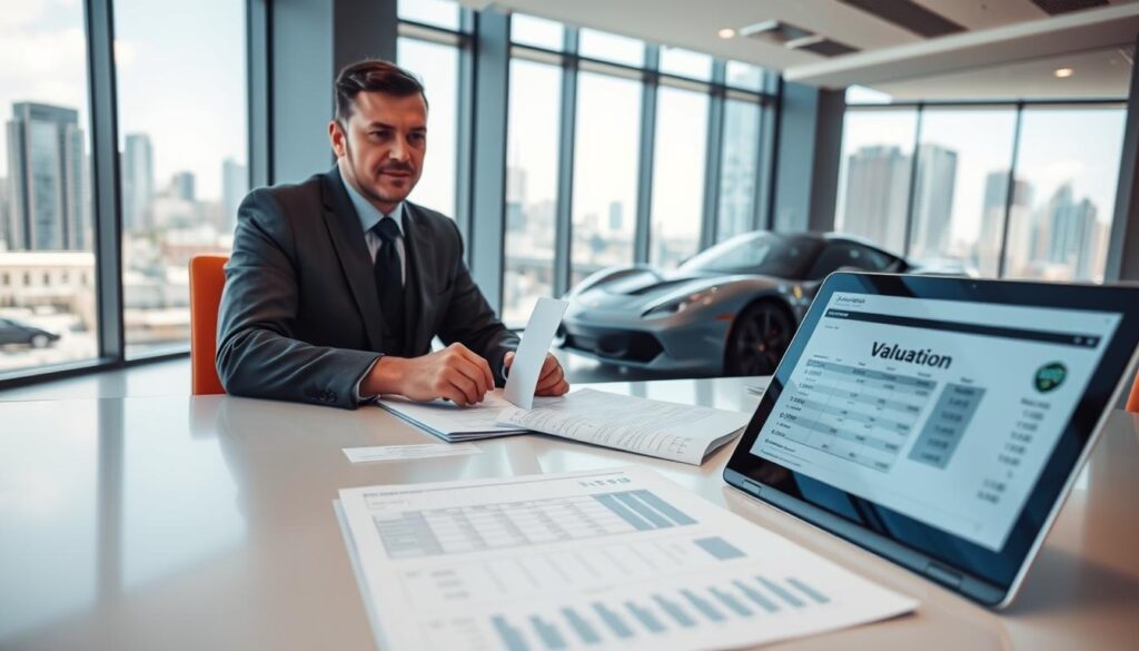 A professional automotive expert, wearing a smart business suit, is seated at a modern conference table, reviewing vehicle valuation documents. The foreground showcases detailed papers and a laptop open to a valuation spreadsheet, with figures highlighted to emphasize the analysis. In the middle ground, a sleek, high-end sports car, like a Porsche or Ferrari, is partially visible to convey high value, adding context to the discussion about automotive assessments. The background features a contemporary office with panoramic windows showing a city skyline during the daytime, filled with natural light, creating a bright and confident atmosphere. The overall mood is analytical and focused, with a sense of professionalism and trust.