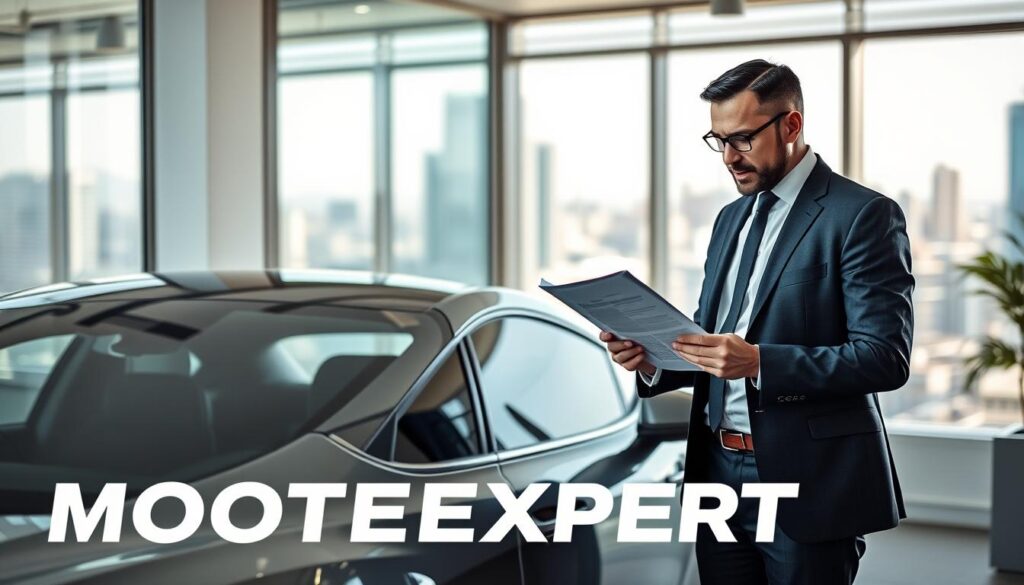 A professional automotive expert, wearing a smart business suit, stands confidently beside a sleek, modern car in a well-lit office environment. The expert examines a detailed inspection report while gesturing toward the vehicle, symbolizing expertise and reliability in vehicle valuation. Soft, natural lighting illuminates the scene, highlighting the sharp lines of the car’s design and the expert's thoughtful expression. In the background, a large window reveals a bustling cityscape, indicating a strong automotive market. The atmosphere is one of professionalism and trust, reflecting the nuances of the MOTOEXPERT valuation process. The overall composition is framed from a slight low angle to emphasize the authority of the expert while keeping the focus on the analysis of the car’s value.