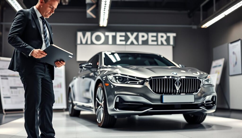 A professional automotive valuation scene focused on "MOTOEXPERT 15 000 EUR". In the foreground, an experienced automotive appraiser, dressed in smart business attire, is closely examining a high-end vehicle on a well-lit inspection area. The appraiser holds a clipboard and is analyzing the car's features. In the middle ground, the sleek, modern car, possibly a luxury sedan, is prominently displayed with its details highlighted, such as the shiny paint and clean lines. The background features an organized office environment with charts and valuation documents subtly placed on a desk, emphasizing professionalism and expertise. The lighting is bright and focused, creating a sense of clarity and precision in the valuation process. The atmosphere is serious yet optimistic, reflecting the high value of the service provided.