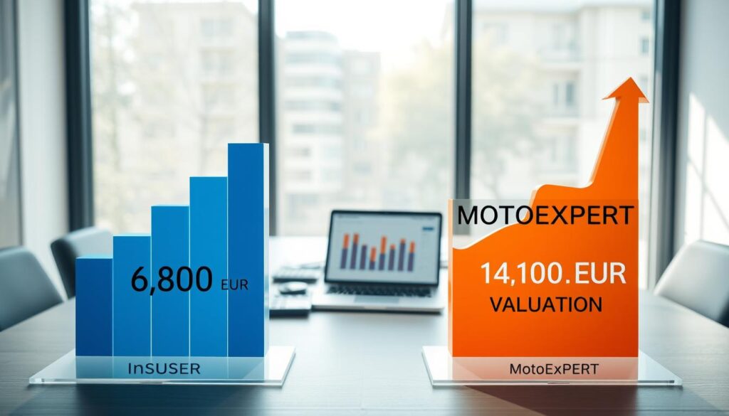 A professional business setting with two distinct graphical representations of insurance valuations. In the foreground, display two side-by-side bar graphs. On the left, a graph labeled "Insurer Valuation" showcasing a height of 6,800 EUR in a cool blue tone. On the right, a graph labeled "MOTOEXPERT Valuation" rising to 14,200 EUR in a vibrant orange hue. In the middle ground, include a sleek, modern office desk with calculators, charts, and a laptop open, indicating analysis work. The background features a large window allowing soft, natural light to illuminate the scene, casting subtle shadows and creating a focused yet inviting atmosphere, emphasizing professionalism and clarity in financial comparisons.