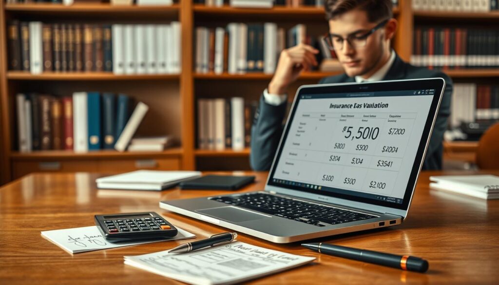 A professional financial setting with an elegant wooden desk in the foreground, showcasing a laptop displaying a detailed numerical analysis of insurance quotes. The middle layer features a calculator, a pen, and a notepad with hand-written notes on valuation methods. In the background, soft-focus shelves filled with financial books and reports, creating an academic atmosphere. The lighting is warm and inviting, coming from a nearby window, casting gentle shadows. The mood reflects serious contemplation and expertise as a financial analyst in professional attire studies the numbers. The overall composition conveys a balance between professionalism and the analytical nature of insurance valuation, focused on the figure of 5,300 EUR.