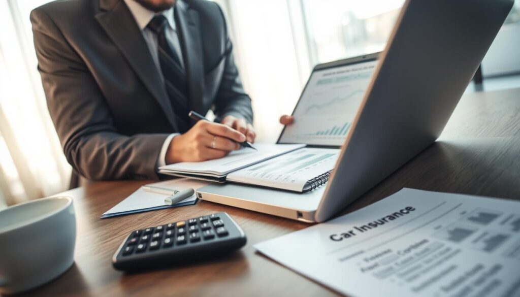 A professional insurance agent analyzing a car insurance policy, featuring a laptop displaying detailed charts and figures. The foreground shows the agent in smart business attire, engaged and focused, with a notepad and pen in hand as they review the data. In the middle, a close-up of a car insurance contract is partially visible, along with a calculator and a cup of coffee to create an office atmosphere. The background reveals a modern office environment with soft, natural lighting streaming through a window, creating a warm yet professional ambiance. The angle is slightly overhead, capturing the action and the context of the scene, highlighting the meticulous nature of evaluating insurance offers.
