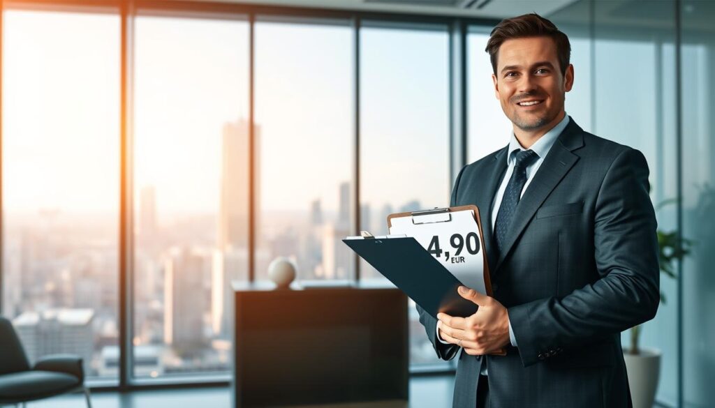 A professional insurance agent in business attire stands confidently in the foreground, holding a clipboard with the text "4,900 EUR" prominently displayed. In the middle ground, a sleek modern office environment with a large window showcasing a bustling cityscape, symbolizing growth and opportunity. Soft, natural light filters in, casting a warm glow across the scene, creating an inviting and reassuring atmosphere. The background features abstract representations of financial graphs and upward trends, subtly emphasizing the theme of valuation and insurance offerings. The color palette includes shades of blue and green to convey trust and stability. The composition is balanced, with a focus on professionalism and clarity, reflecting the financial service industry.