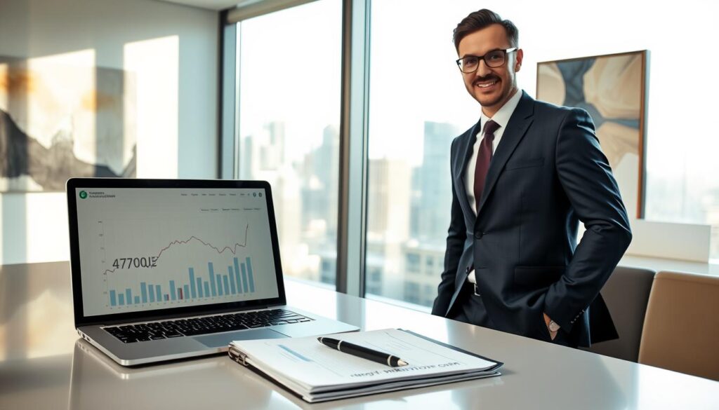A professional insurance agent, wearing a smart suit and glasses, stands confidently at a sleek, modern office desk. The foreground features a stylish laptop displaying a financial graph and a pen atop a neatly organized file folder, emphasizing the theme of insurance evaluation. In the middle ground, a large window reveals a city skyline, with soft, natural sunlight pouring in, casting gentle shadows across the workspace. The background includes abstract artwork on the wall, contributing to a sophisticated atmosphere. The mood conveys professionalism and analytical expertise, ideal for illustrating the assessment of a 4,700 EUR insurance policy. The image is designed using a wide-angle lens to capture the interior setting effectively, with bright lighting to enhance clarity and focus.