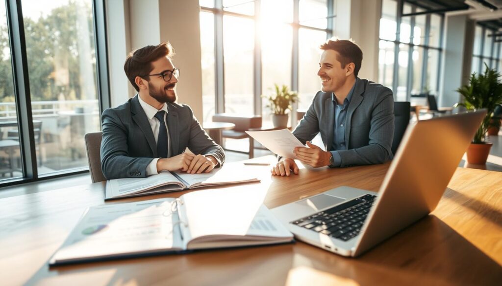 A professional insurance office interior featuring a client consultation scene. In the foreground, a confident insurance agent in business attire is discussing with a satisfied client, who is nodding in agreement, both seated at a sleek wooden table. In the middle ground, open folders displaying policy documents and a laptop with a spreadsheet on the table highlight the financial aspect of the insurance discussion. The background showcases a modern office with large windows allowing natural light to flood in, casting a warm glow on the scene. Soft shadows are created by the afternoon sun, enhancing the inviting atmosphere. The overall mood is one of trust, professionalism, and positive client experience, reflecting the topic of customer opinions on the insurance provider.