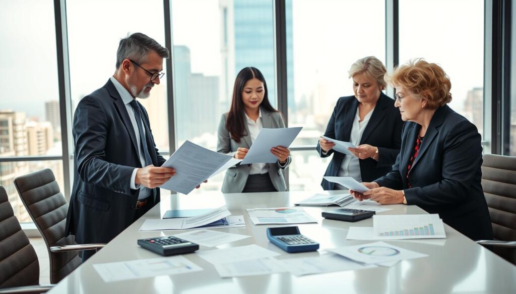 A professional insurance valuation process scene, featuring a well-lit modern office environment. In the foreground, a diverse group of professionals dressed in business attire, including a middle-aged Caucasian male in a suit analyzing documents, a young Asian female presenting data on a laptop, and an older Black female reviewing charts. The middle ground includes a sleek conference table with valuation reports and financial calculators scattered across it. In the background, large windows allow natural light to flood the room, highlighting an urban skyline. The atmosphere is collaborative and focused, with a sense of urgency and professionalism, emphasizing the importance of accurate insurance assessments. The composition is well-balanced, shot from a slightly elevated angle to capture the dynamic interaction.