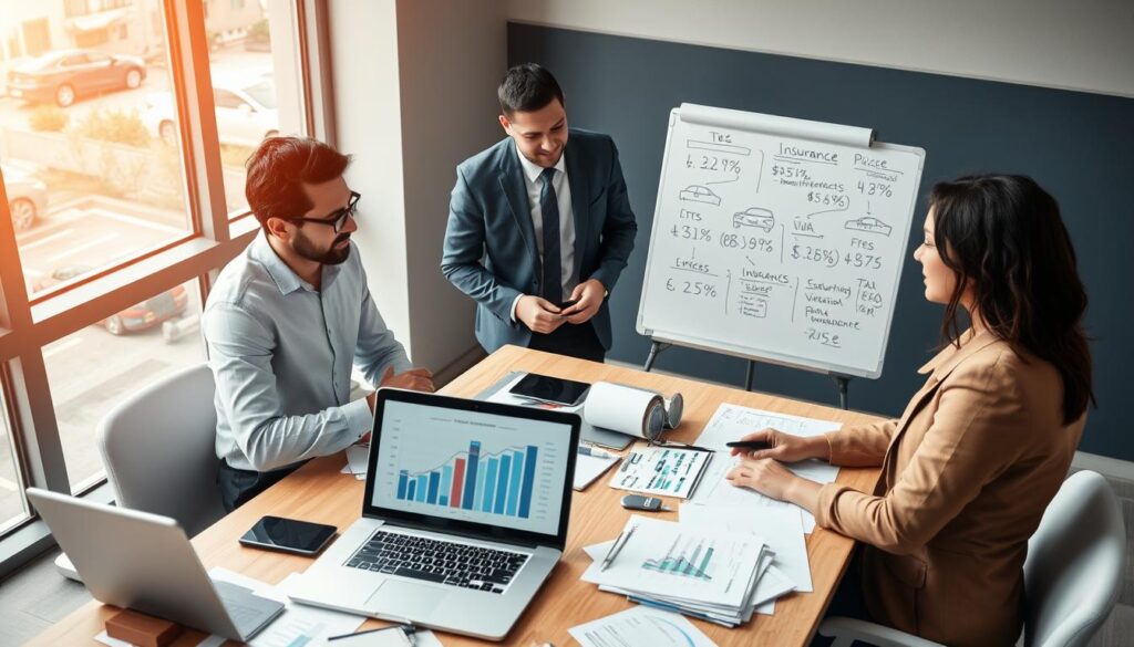 A professional, modern office setting featuring a diverse group of three individuals in business attire engaged in a discussion around a table cluttered with documents and digital devices. The foreground showcases a laptop with charts displaying insurance valuation comparisons, with one person pointing at the screen, emphasizing the financial differences. The middle ground includes a whiteboard with strategic notes and figures relevant to car insurance pricing, while the background reveals a large window with soft, natural light flooding in, creating an uplifting atmosphere. The scene conveys a sense of collaboration and future planning, with an emphasis on financial strategy and analysis. The composition should use a slightly overhead angle to capture both the group dynamics and the detailed workspace.