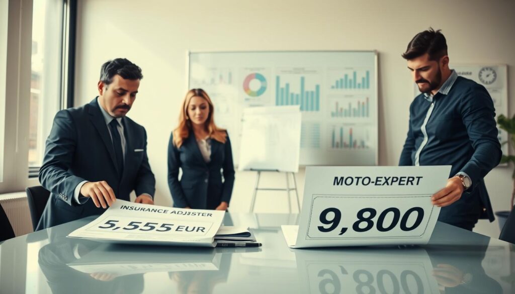 A professional office environment depicting a financial consultation scenario. In the foreground, a diverse group of three individuals—two in business attire (a man in a navy suit and a woman in a tailored dress) and one in smart casual wear (a man in a crisp shirt and trousers)—are examining two contrasting reports on a sleek table. The first document labeled "Insurance Adjuster: 5,555 EUR" has a conservative design, while the second one labeled "MOTOEXPERT: 9,800 EUR" features a vibrant layout. In the middle, a large window allows soft daylight to illuminate the room, enhancing the serious yet contemplative atmosphere. In the background, a whiteboard filled with charts and graphs represents the complexities of damage assessment. The overall mood is focused, professional, and slightly tense, capturing the essence of evaluating potential pitfalls.