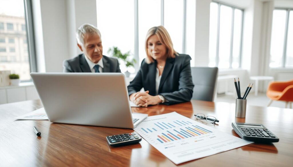 A professional office environment, featuring a middle-aged man and woman in business attire, engaged in discussion over a laptop on a polished wooden desk. The focus in the foreground is on charts and documents related to insurance valuation, with emphasis on graphs showing cost comparisons between different insurance estimates. In the middle ground, office supplies and a calculator are neatly arranged, indicating preparation for a financial assessment. The background is a bright, well-lit workspace with large windows, casting soft natural light. The atmosphere is focused and collaborative, highlighting the seriousness of preparing for insurance evaluations, conveying a sense of diligence and professionalism.