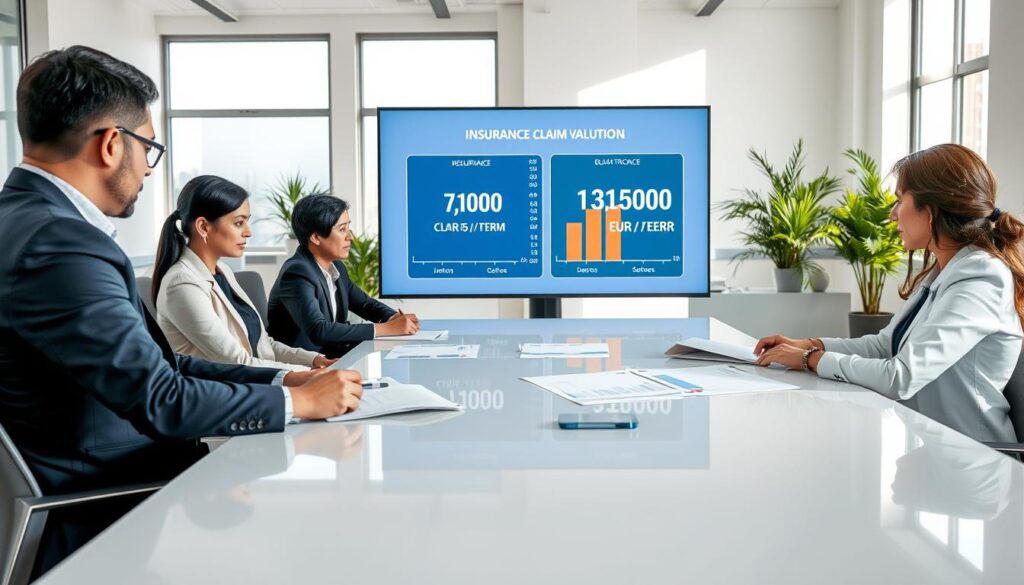 A professional office environment showcasing a detailed insurance claim process. In the foreground, a diverse group of three individuals in business attire are seated around a sleek, modern conference table, examining documents and discussing over charts depicting claim evaluations. The middle ground features a large digital screen displaying contrasting insurance valuation figures (7,100 EUR vs. 13,500 EUR) in a clean, infographic style. The background reveals an organized office space with potted plants and large windows letting in natural light, casting soft shadows. The image conveys a serious yet collaborative atmosphere, highlighting the importance of clear communication and professional evaluation in the insurance industry. Aim for a bright, well-lit scene captured from a slightly elevated angle for comprehensive visibility.