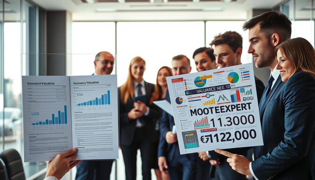 A professional office environment showcasing two contrasting valuation reports side by side. On the left, a document labeled "Insurance Valuation: €5,300" with a clean, formal layout, featuring graphs and charts in soft blue tones. On the right, a more vibrant and detailed document titled "MOTOEXPERT Valuation: €12,000," filled with colorful graphs and compelling visuals. The foreground captures a diverse group of business professionals in smart business attire, deeply engaged in discussion, with expressions of curiosity and analysis. The middle background reveals a sleek, modern office with a large window allowing natural light to flood in, creating a bright and optimistic atmosphere. The overall mood is professional, emphasizing contrast and clarity in the valuation differences.