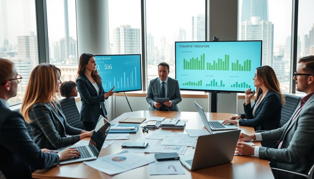 A professional office environment showing a diverse team of financial analysts in business attire, collaboratively reviewing insurance resources. In the foreground, a confident woman is presenting data on a digital screen, highlighting key figures and graphs related to insurance asset valuation. The middle ground features an analytical workspace with documents, charts, and laptops spread across a large conference table, emphasizing a serious business atmosphere. In the background, large windows let in soft natural light, illuminating a bustling cityscape. The lighting is bright yet warm, creating a welcoming, focused mood. The scene is captured from a slightly elevated angle, giving an overview of the teamwork and professionalism in the insurance field.