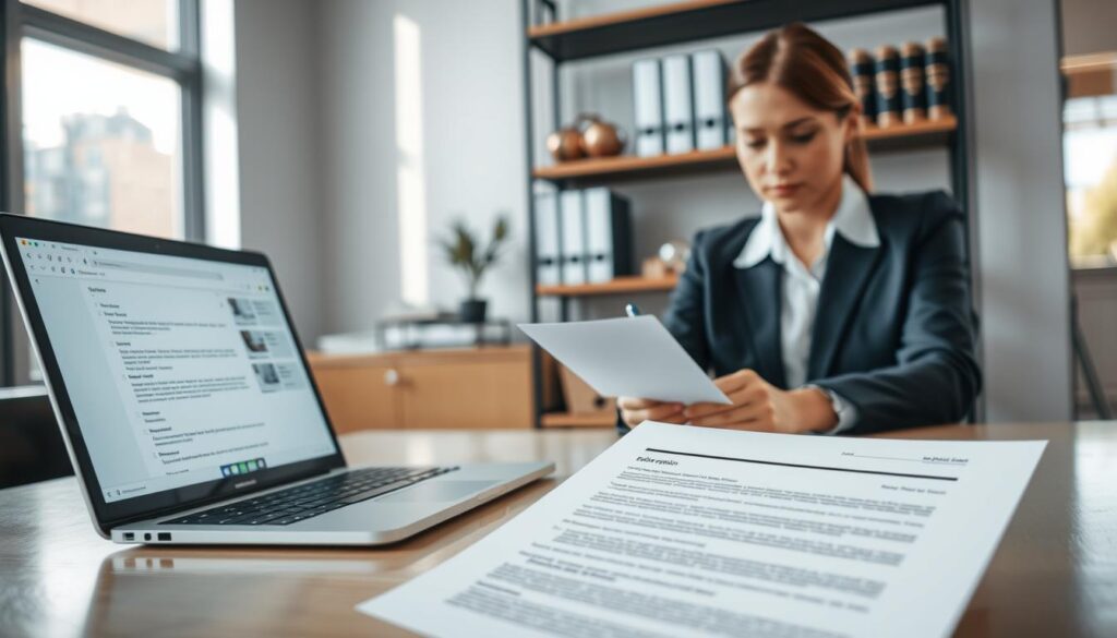 A professional office setting focused on the process of filing a complaint. In the foreground, a businesswoman in professional attire sits at a sleek desk, carefully filling out a complaint form, looking determined yet thoughtful. The middle ground features an open laptop displaying an email interface, and a close-up of the complaint form with visible details but no text. The background includes shelves filled with legal books and a window showing a sunny day outside, casting soft, natural light into the room. The mood is serious yet hopeful, emphasizing a sense of resolution and professionalism in handling grievances. Ideal lighting captures the refinement and clarity of the workspace, creating an inviting atmosphere.