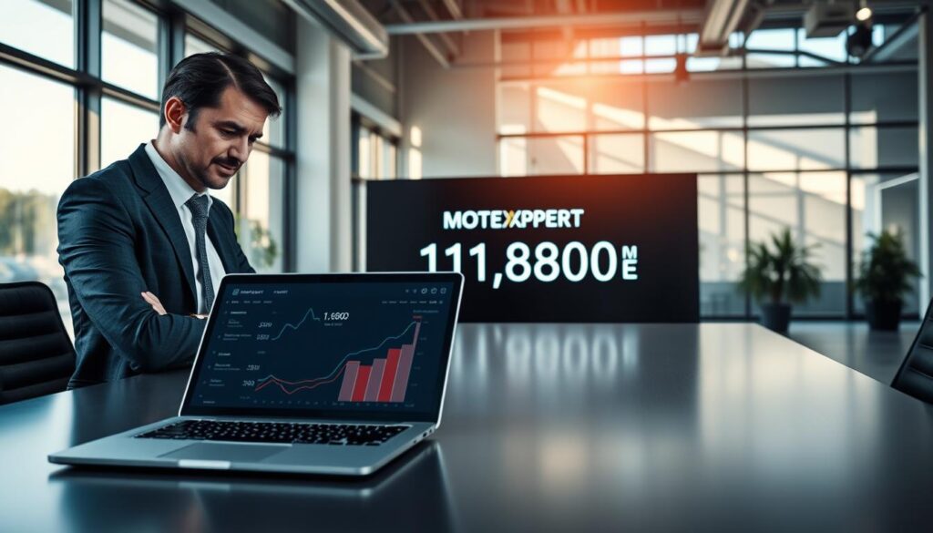 A professional office setting, showcasing a detailed comparison of vehicle valuation. In the foreground, a sleek, modern desk with a laptop displaying charts and graphs, emphasizing the valuation figures. To the left, a confident professional in smart business attire, analyzing the data on the screen, with an expression of focus and determination. In the middle, a large digital display showing the MOTOEXPERT logo prominently alongside the valuation amount of 11,800 EUR. The background features a contemporary office with large windows and natural light pouring in, casting soft shadows across the room. The mood is informative and analytical, highlighting the importance of expert vehicle valuation. Use a realistic style, capturing sharp details and clarity, as if viewed through a 35mm lens from a slight angle for depth.