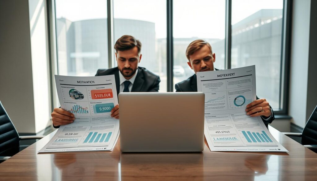 A professional office setting where a comparative analysis of car insurance valuations is taking place. In the foreground, a well-dressed insurance adjuster and an expert appraiser in business attire are seated at a modern conference table, studying two detailed reports side by side, with visible charts illustrating the differing valuations: 5,555 EUR from the insurer on one report, and 9,800 EUR from MOTOEXPERT on the other. In the middle, a sleek laptop displays analytical graphs and statistics related to the car valuation process. The background features a large window with natural light streaming in, creating a bright and focused atmosphere, emphasizing accuracy and professionalism. The overall mood is analytical and serious, highlighting the critical differences in valuations.