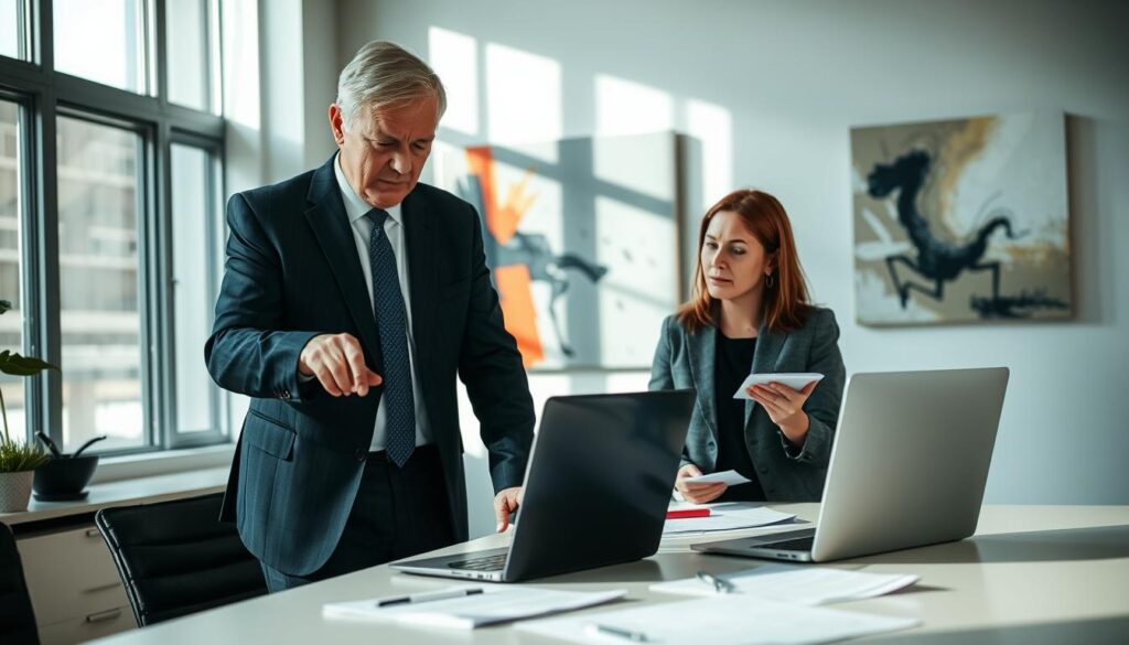 A professional office setting with two individuals engaged in a discussion about insurance experiences. In the foreground, a middle-aged man in a tailored suit is pointing at a laptop screen, showing data comparisons. Beside him, a woman in smart casual attire, with a thoughtful expression, is taking notes on a notepad. The middle ground features a large window with natural light streaming in, illuminating a modern office with a sleek desk and paperwork spread out. In the background, an abstract painting adds a pop of color to the otherwise neutral-toned walls, creating a sophisticated atmosphere. Soft shadows create depth, and the overall mood is one of productive collaboration and analysis.