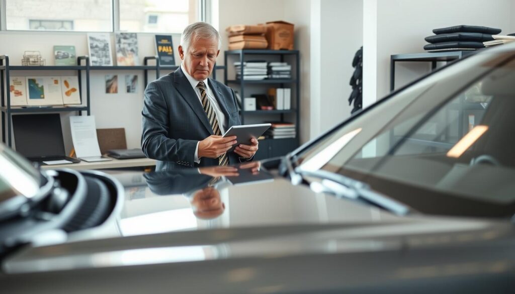 A professional scene featuring a certified automotive appraiser inspecting a car in a well-lit office environment. The appraiser, a middle-aged man in a crisp business suit, stands beside a sleek, modern vehicle, examining the engine with a digital tablet in hand. In the foreground, the polished car gleams under soft, natural light, highlighting its quality. In the middle ground, a neatly organized workspace with paperwork and appraisal tools is seen, while the background offers shelves filled with automotive manuals and tools. Use a shallow depth of field to focus on the appraiser and the car, creating a sense of professionalism and expertise. The atmosphere conveys a serious yet approachable vibe, emphasizing the importance of thorough vehicle appraisal.