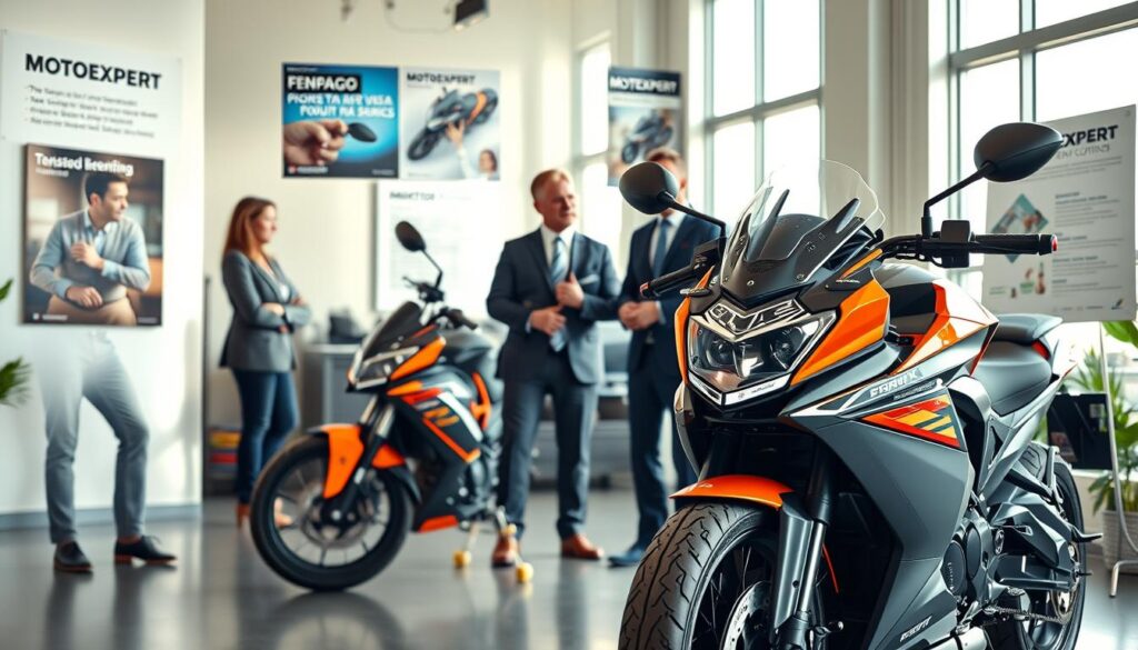 A professional setting featuring the MOTOEXPERT motorcycle, proudly displayed in a well-lit showroom. In the foreground, the sleek design and vibrant colors of the MOTOEXPERT capture attention, emphasizing its modern features and high quality. In the middle ground, a group of three satisfied customers in professional business attire eagerly examines the bike, discussing its key specifications and advantages. In the background, the showroom walls are adorned with promotional posters highlighting MOTOEXPERT’s benefits. Soft, natural lighting streams in from large windows, creating a warm and inviting atmosphere. The focus is on customer satisfaction and the appealing design of the motorcycle, conveying a sense of enthusiasm and professionalism, without including any text or logos.
