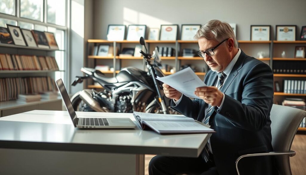 A professional vehicle appraisal scene featuring an expert, a middle-aged person in business attire, meticulously examining a motorcycle in an office-like environment. The foreground displays the expert reviewing detailed documents on a sleek desk, with a modern laptop open beside them. In the middle, the motorcycle is showcased under bright, natural lighting that highlights its features, conveying its value. The background contains shelves with automotive books and certificates, reinforcing the expert's credibility. The atmosphere is serious yet confident, emphasizing professionalism in vehicle valuation. The image should be captured with a slight depth of field effect, focusing on the motorcycle and the expert, creating a clear separation from the background while maintaining clarity and detail.