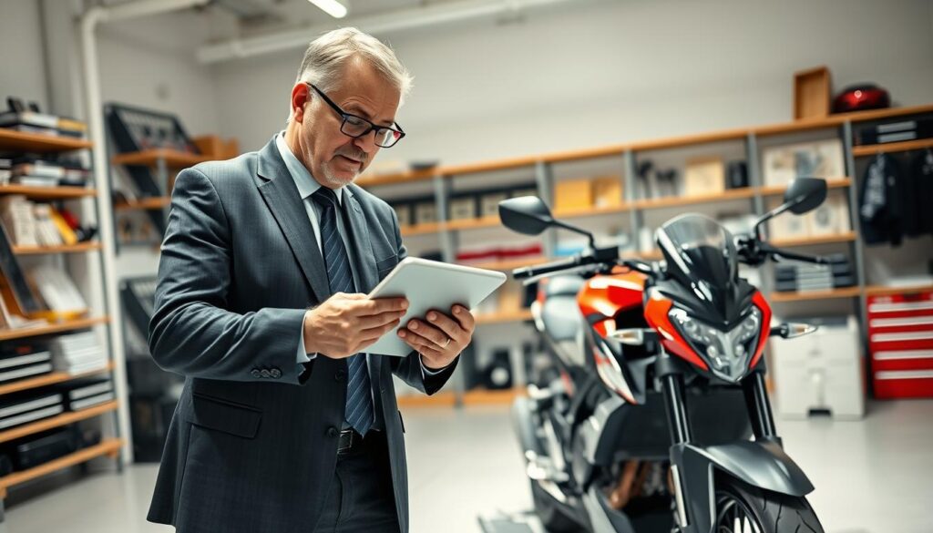 A professional vehicle appraiser, representing MOTOEXPERT, inspects a motorcycle in a well-lit, modern office environment. In the foreground, the appraiser, a middle-aged man wearing a smart business suit and glasses, closely examines the motorcycle's frame with a digital tablet in hand, showcasing an air of expertise and confidence. In the middle ground, the motorcycle is sleek, black and red, parked on a clean surface, highlighting its design features. In the background, shelves filled with automotive tools and manuals suggest a knowledgeable workspace. The lighting is bright and inviting, emphasizing the appraiser's focused expression. The atmosphere conveys professionalism and assurance, reflecting the benefits of choosing MOTOEXPERT for vehicle valuation over other options.